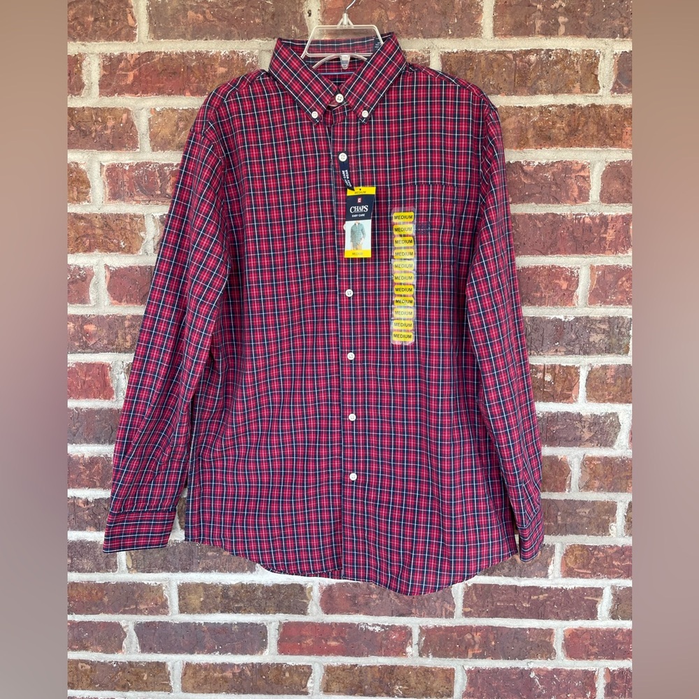 NWT Men’s Chaps Checked Striped Easy Care Button Down Shirt Size Medium